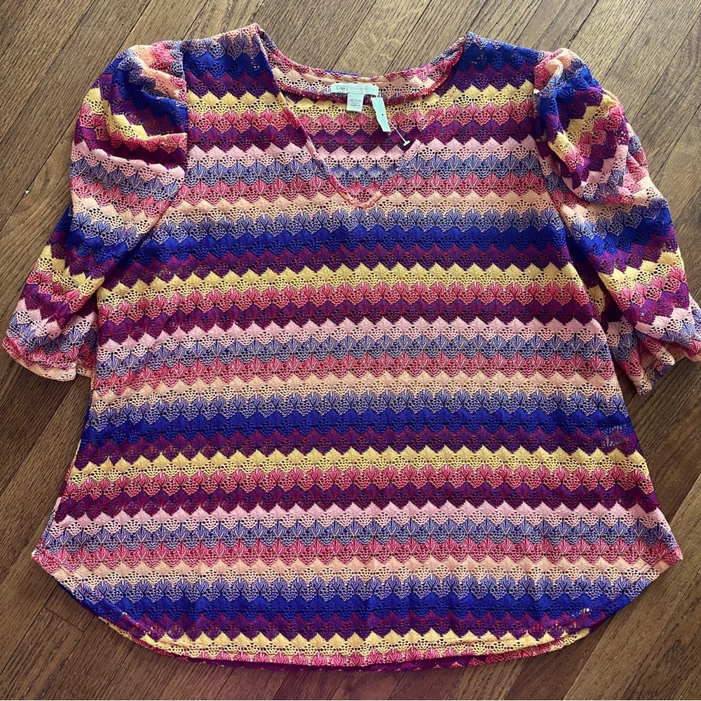 Cato Top Puff Shoulders V-neck Sheer Multi Crochet Like Top Size 18/20W